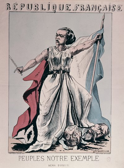 Personificatie van de Franse Republiek als Louise Michel die op de hoofden van Louis Adolphe Thiers en Napoleon III trapt door J. Corseaux